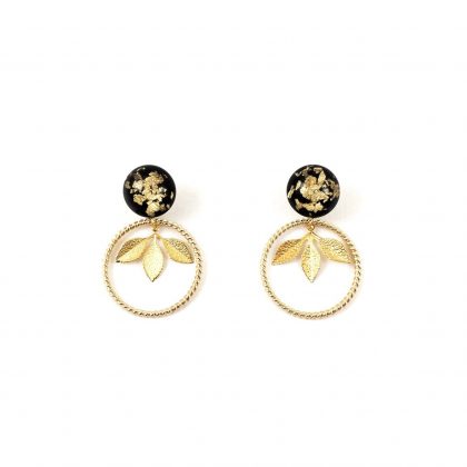 Pendientes Argolla con esfera negra y hojas